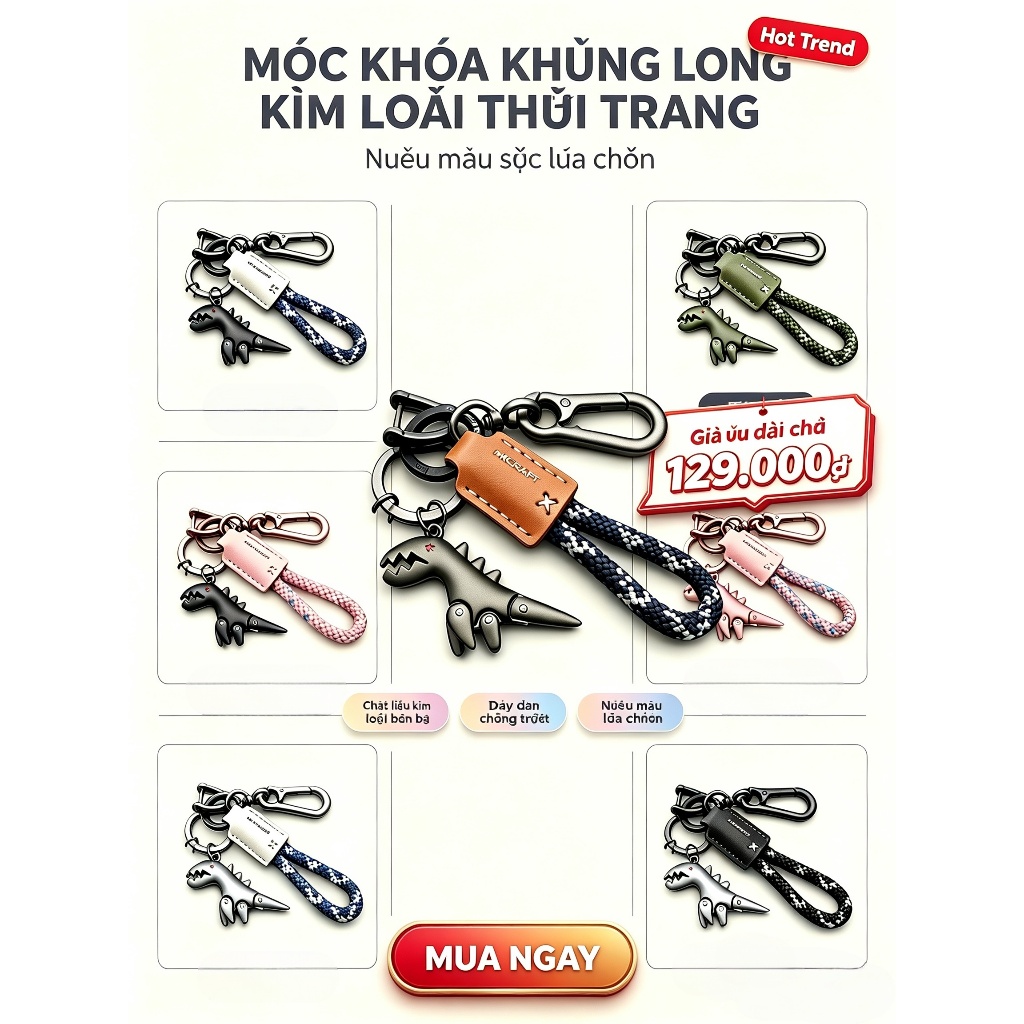Móc khóa xe máy khủng long dễ thương JINHF có dây dệt bằng da Mặt dây chuyền kim loại cho túi HOT