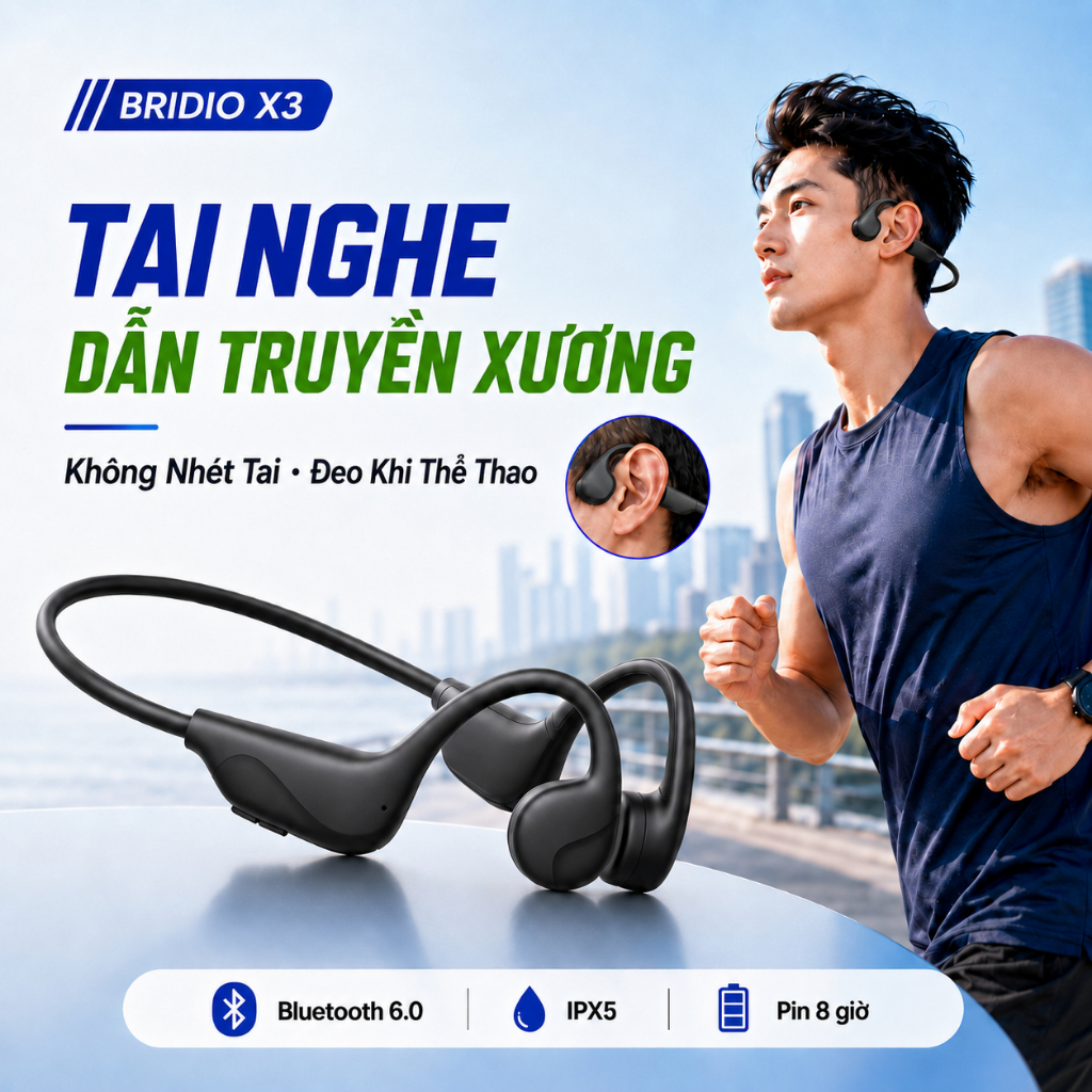 Tai Nghe Bluetooth Dẫn Truyền Xương BRIDIO X3 Không Nhét Tai Bluetooth 6.0 IPX5 Pin 8H Có Mic Thể Thao