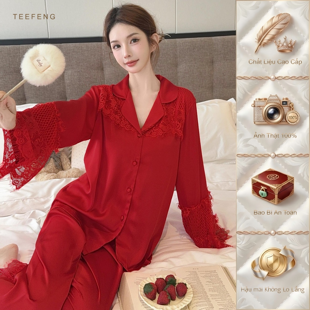 TEEFENG Bộ Đồ Ngủ Nữ Lụa Cao Cấp Ren Phong Cách Sang Trọng Dài Tay Mùa Hè Loungewear