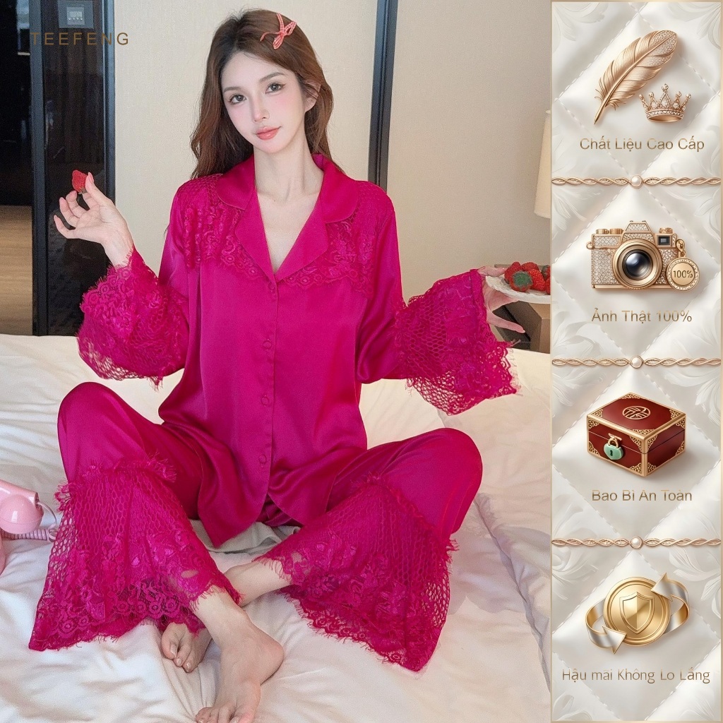TEEFENG Bộ Đồ Ngủ Nữ Lụa Cao Cấp Ren Phong Cách Sang Trọng Dài Tay Mùa Hè Loungewear