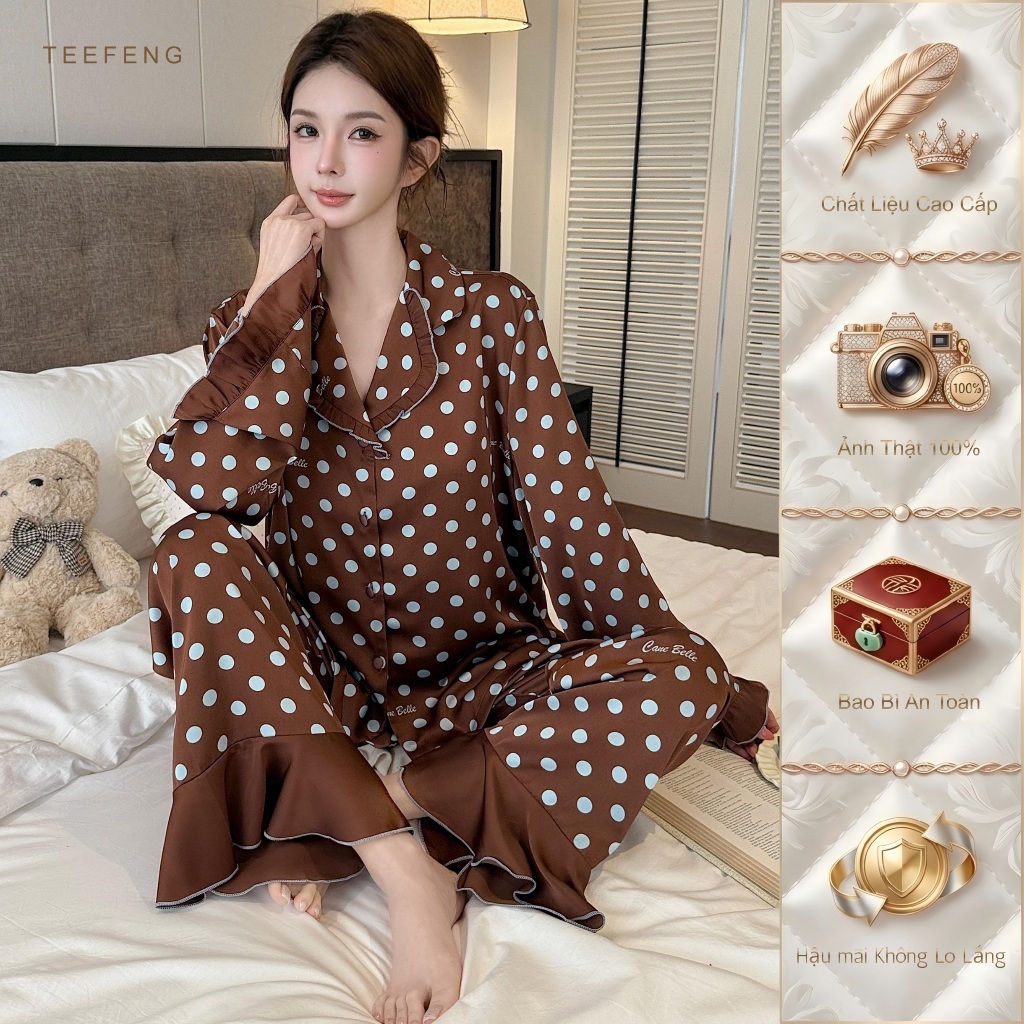 TEEFENG Bộ Đồ Ngủ Nữ Lụa Cao Cấp Phong Cách Sang Trọng Chấm Bi Dài Tay Mỏng Mặc Nhà