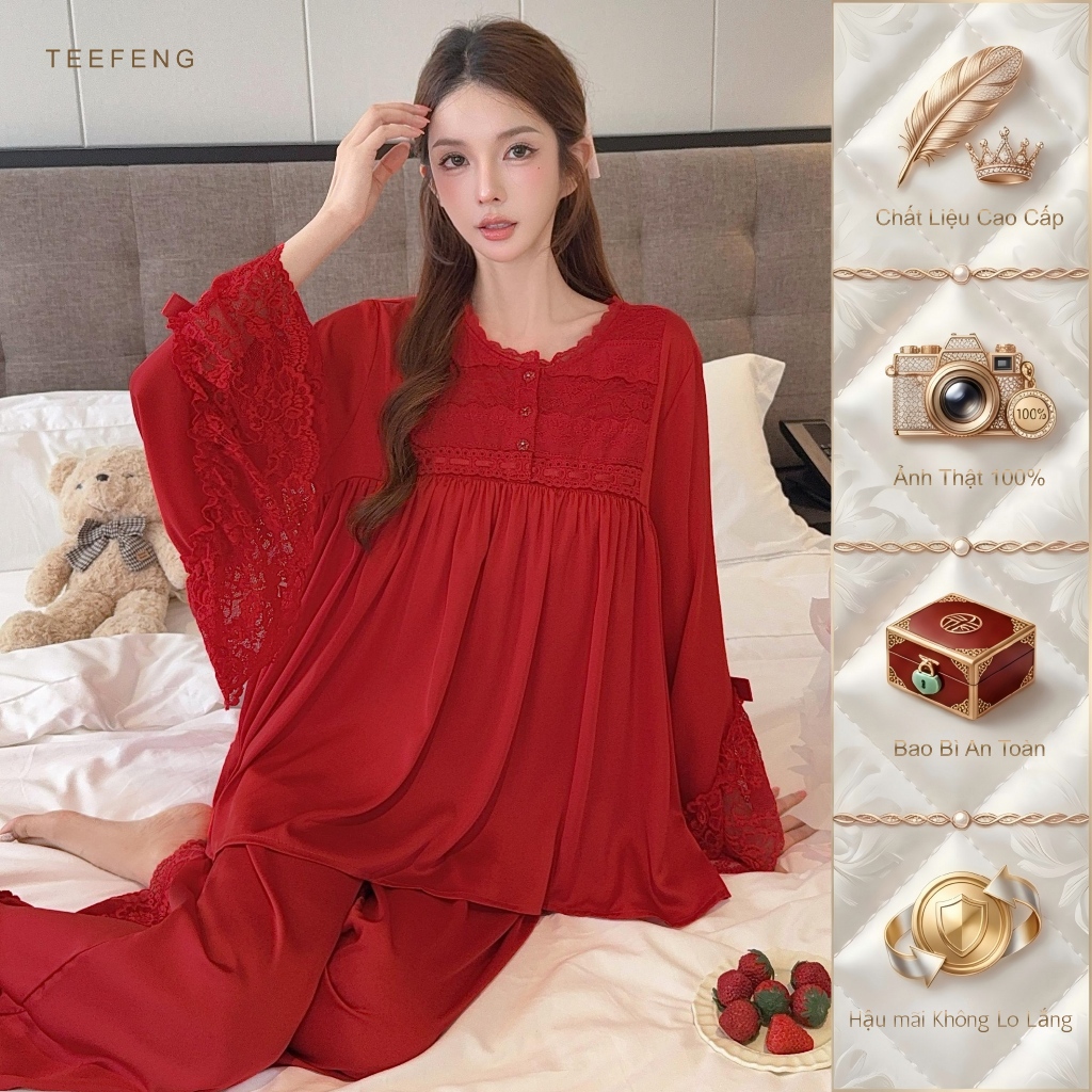 TEEFENG Bộ Đồ Ngủ Nữ Lụa Cao Cấp Ren Viền Cung Điện Sang Trọng Dài Tay Mùa Hè Loungewear