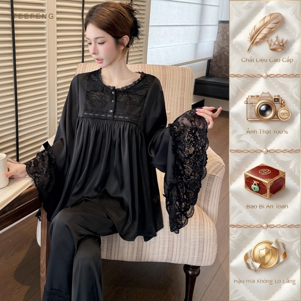 TEEFENG Bộ Đồ Ngủ Nữ Lụa Cao Cấp Ren Viền Cung Điện Sang Trọng Dài Tay Mùa Hè Loungewear