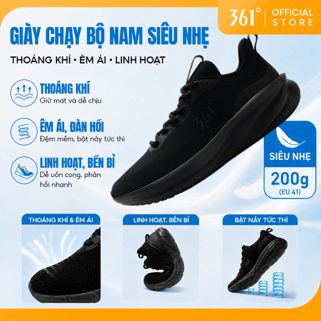 361 Degrees Fengye 5 Giày thể thao nam đế êm, đi làm hằng ngày, chống trượt, màu đen 671832280