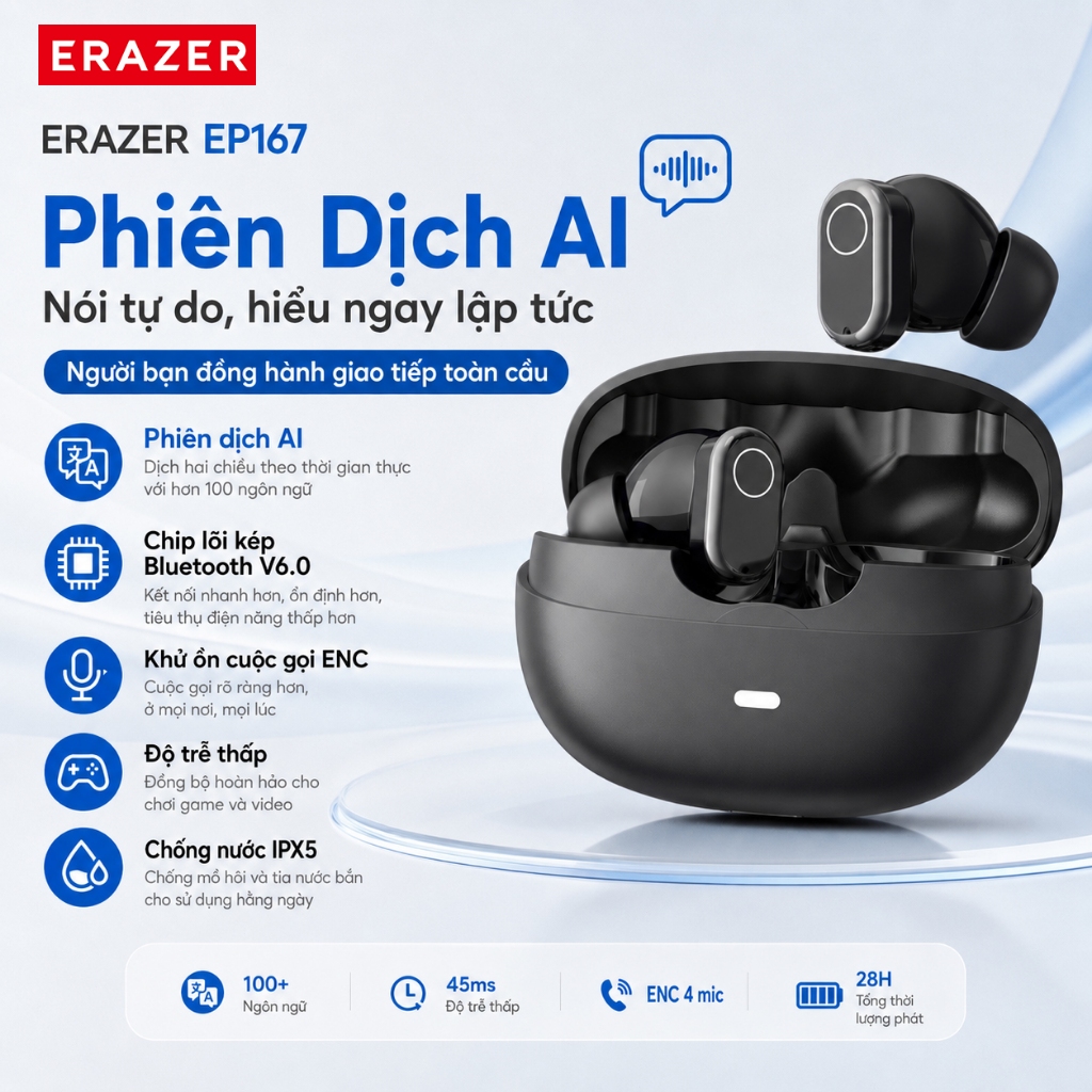 ERAZER EP167 Tai nghe Bluetooth  hỗ trợ dịch thuật AI – Bluetooth 6.0, khử ồn ENC, độ trễ thấp, âm thanh Hi-Fi, kháng nước IPX5 | BigBuy360 - bigbuy360.vn