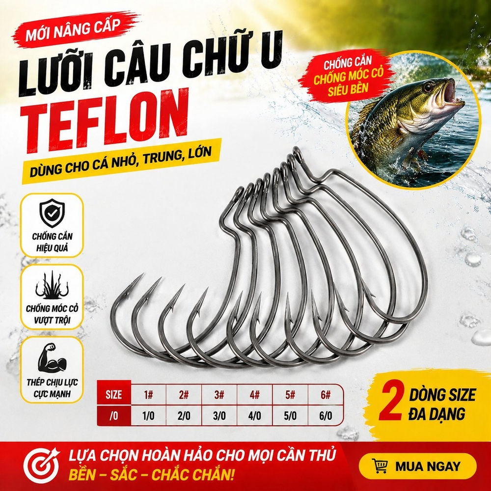 Móc Câu Cá UDOLURE 1# 2# 3# 4# 6# 1/0 2/0 3/0 4/0 6/0 Bằng Thép Carbon Cao Cấp