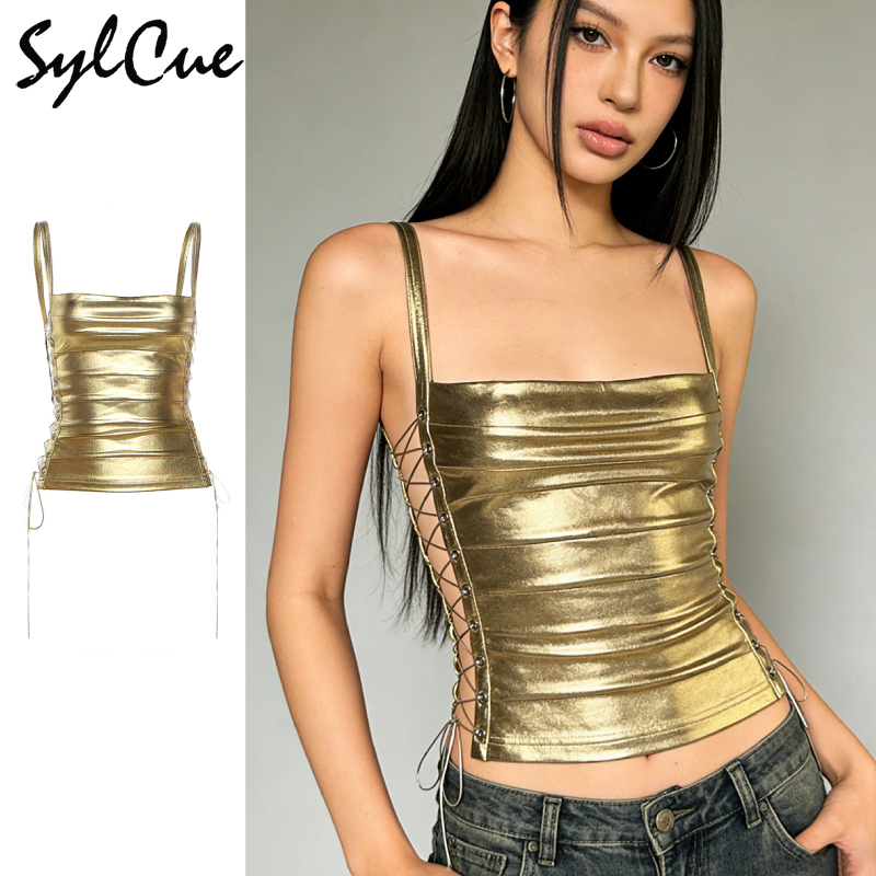 Sylcue Crop Top Edgy Tính năng sành điệu Dây đeo Cutout Thiết kế không tay Flattering Fit Xếp ly Chi tiết cho hiệu ứng giảm béo