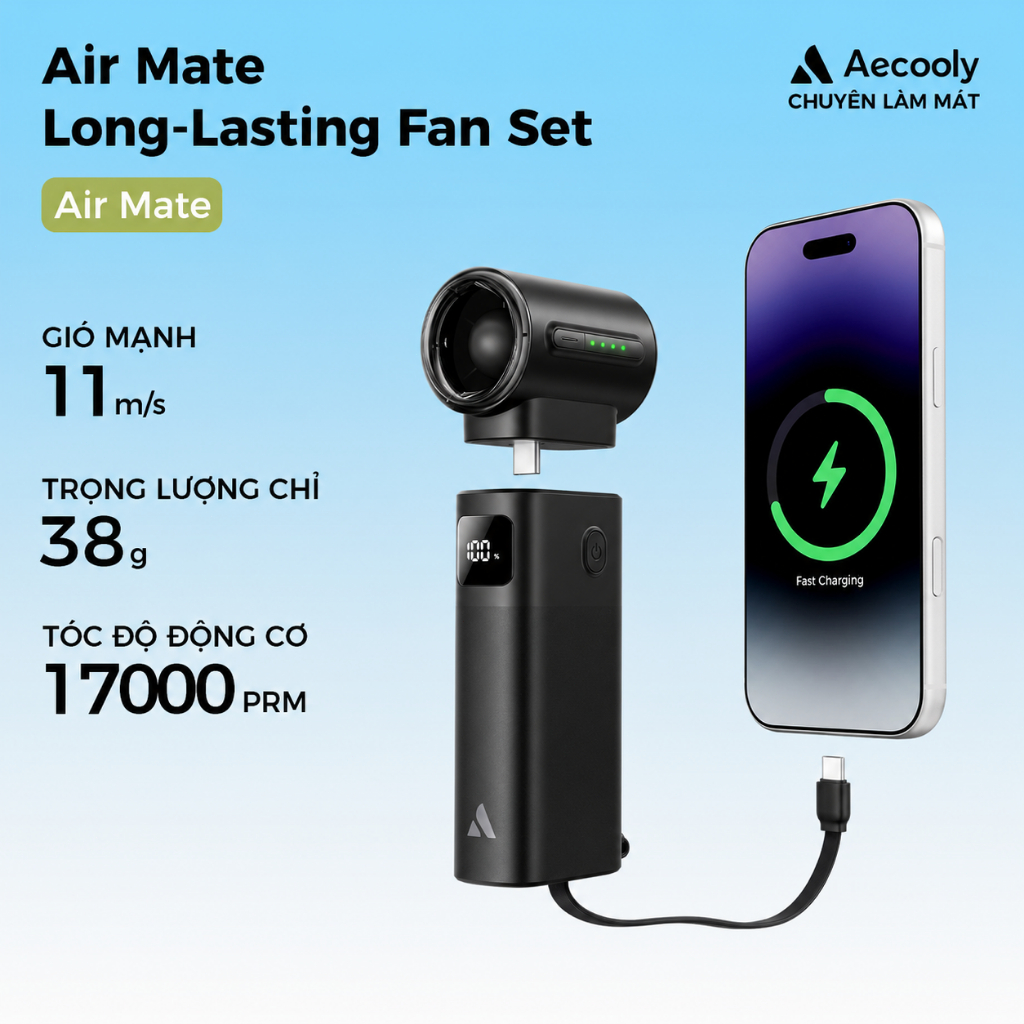 Aecooly Air Mate Quạt cầm tay quạt tích điện mini mạnh mẽ 11m / s | Pin 5000mAh [Làm mát tối đa 20H], Mô-đun có thể tháo rời Mini 4 tốc độ