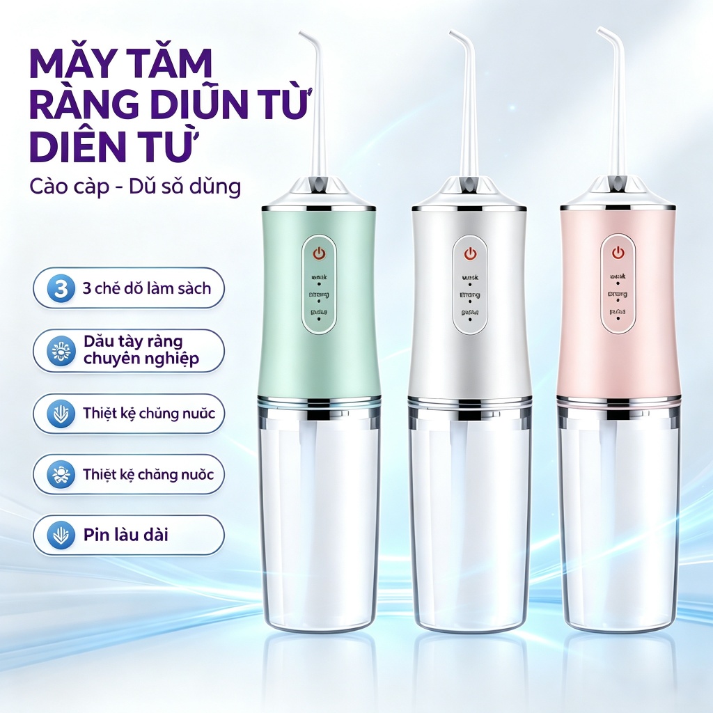 Máy Tăm Nước Cầm Tay Không Dây, Tặng 4 Đầu Phun, 3 Chế Độ, Sạch Sâu, Cho Niềng Răng, Nướu Nhạy Cảm