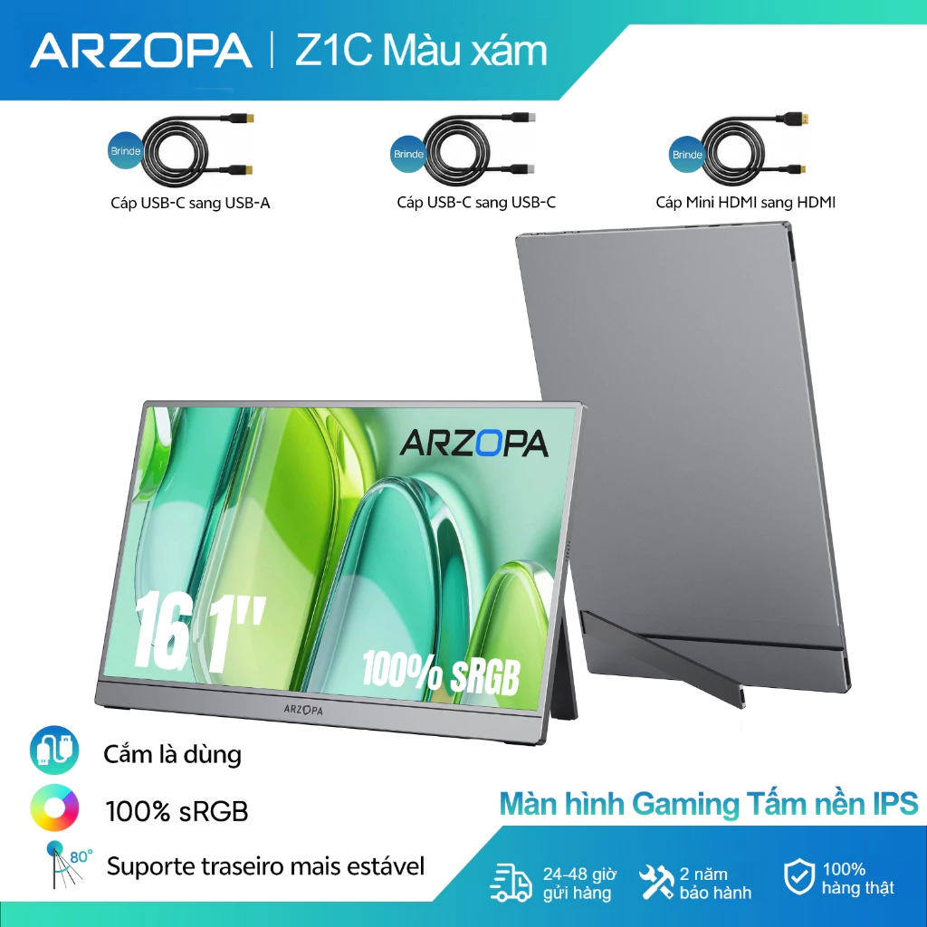 Arzopa Z1C - Màn hình di động chân đế sRGB 16.1 ", FHD 1080P với màn hình USB C HDMI Màn hình mở rộng cho PC, Mac, Laptop, Switch, Xbox, PS4/ 5