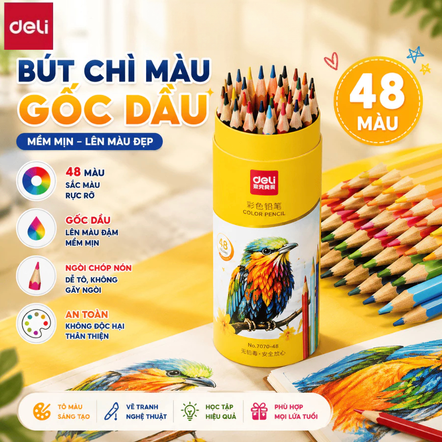 [HỌA CỤ DELI] Bút Chì Màu Gốc Dầu Dạng Cốc/Lon 48 Màu Sắc Tươi Sáng, Chì Không Dễ Gãy, Không Dễ Phai Cho Học Sinh