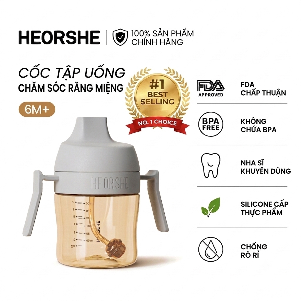 HEORSHE- PPSU Cốc nước dành cho trẻ sơ sinh - Không chứa BPA, Chống tràn, Dễ cầm - Thích hợp cho trẻ từ 6 tháng trở lên 9 tháng tuổi trở lên +