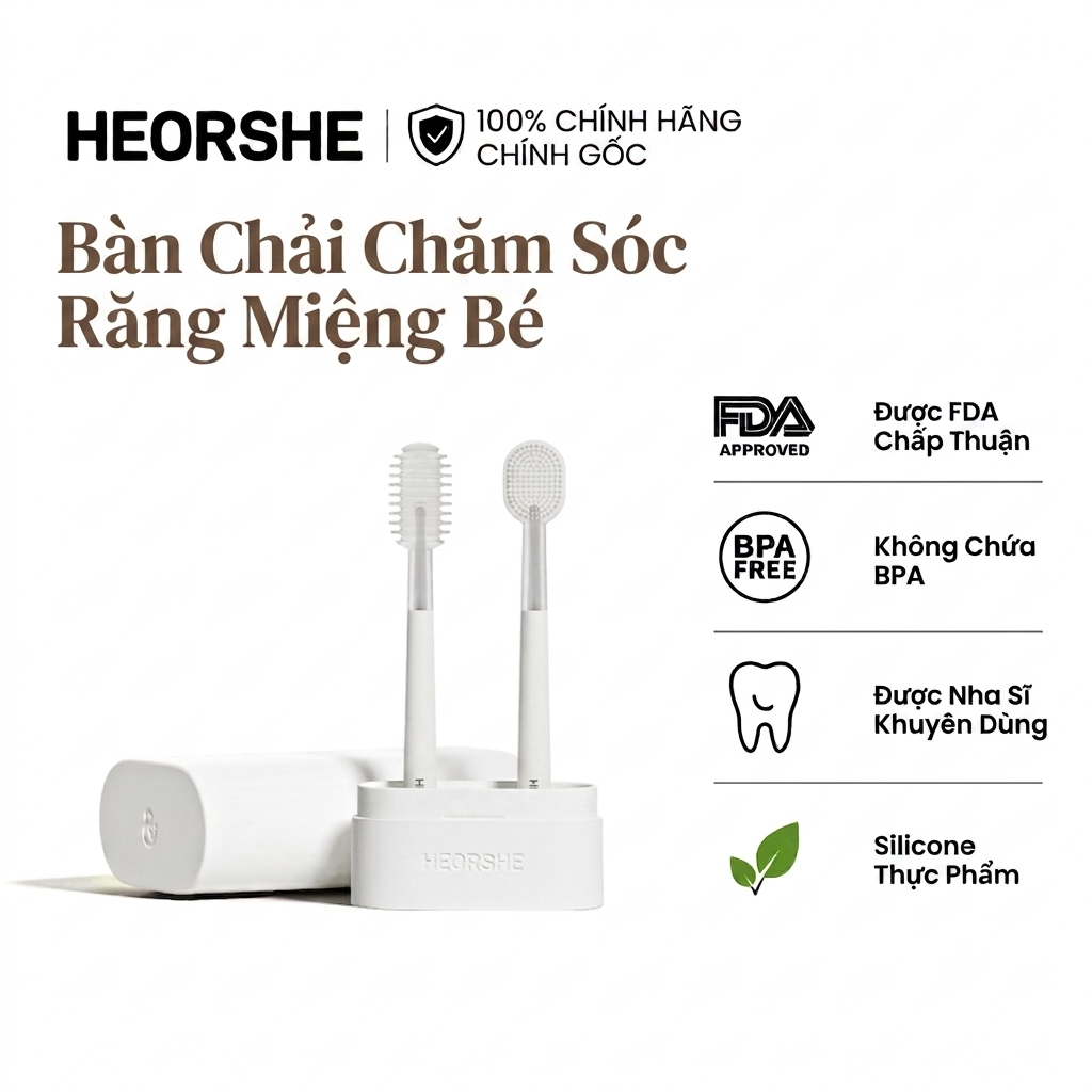 Bàn chải đánh răng chăm sóc răng miệng cho bé HEORSHE – Bàn chải mọc răng bằng silicon mềm không chứa BPA | Chất tẩy rửa lưỡi & nướu nhẹ nhàng kèm cốc đựng đồ, dễ lau chùi