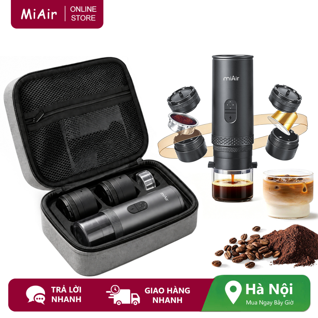 Máy pha cà phê Espresso sưởi ấm hiệu quả Miair, Bộ máy pha cà phê di động ngoài trời có túi đựng, Bột xay viên nang 2 trong 1 20Bar (Đen)