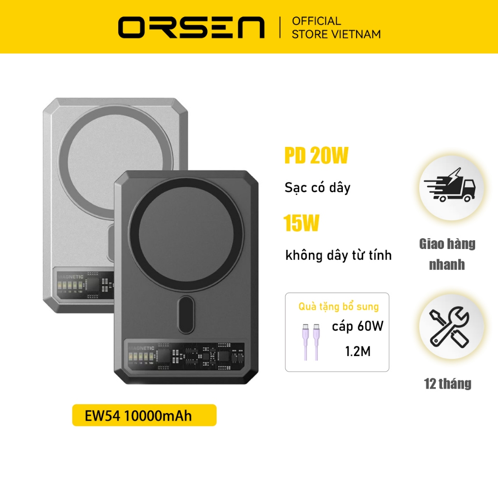 Sạc Dự Phòng Orsen EW54 PD 20W 10000mAh Magnetic Không Dây Nam Châm Hút Tự Động