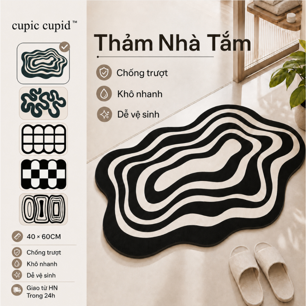 Cupic Cupid Thảm chùi chân nhanh chống thảm nhà tắm đơn giản màu đen trắng thấm nước nhanh chống