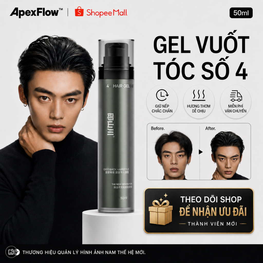 ApexFlow Số 4 Gel Tạo Kiểu Tóc - Hiệu Ứng Ướt 24H Khô Chậm Giữ Nếp Lâu, Chống Mồ Hôi Không Bết Dính