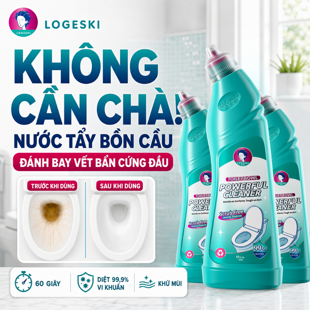 LOGESKI Nước Tẩy Bồn Cầu Không Cần Chà Tẩy Ố Vàng Cặn Bẩn Cứng Đầu Khử Mùi, Diệt Khuẩn 99.9%