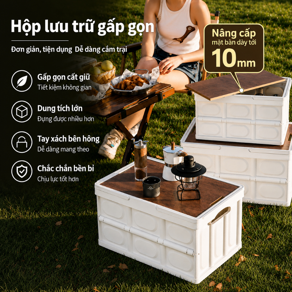 10mm – Mặt bàn nâng cấp gia cố,Bàn camping gấp gọn kết hợp hộp đựng đồ đa năng bằng nhựa, nắp gỗ để đi cắm trại, dã ngoại