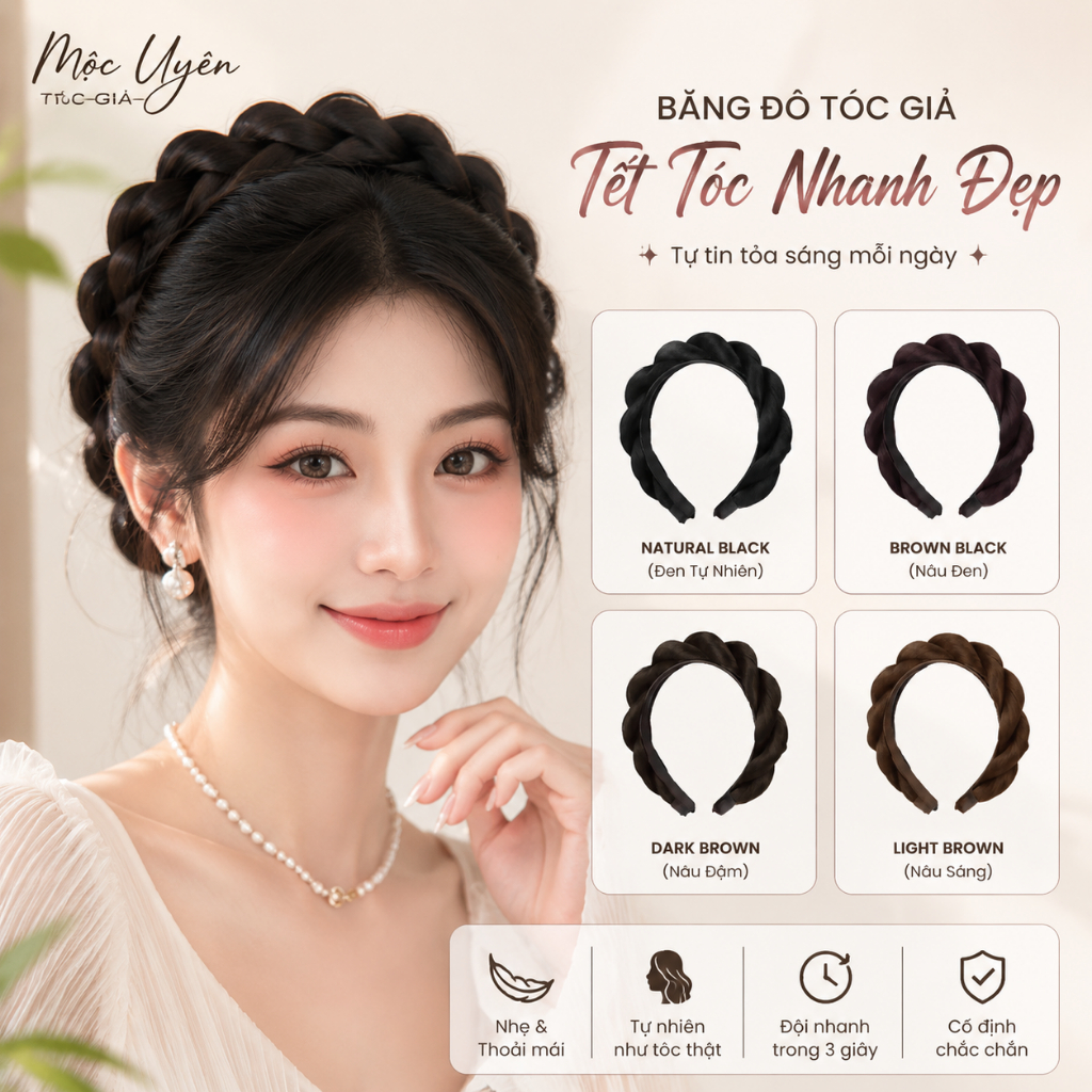 Băng đô tóc giả bện xoăn nữ nhẹ nhàng tự nhiên, kẹp băng đầu tóc xù tạo kiểu tóc nhanh có 4 màu tự nhiên