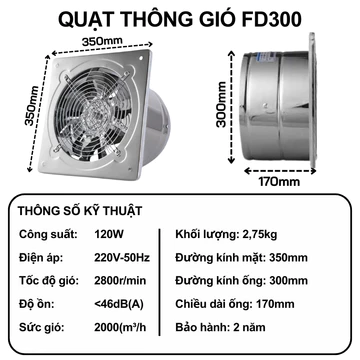 Quạt xả bằng thép không gỉ gắn tường FD300 Máy thông gió công nghiệp vuông hạng nặng Quạt hút mạnh cho thông gió gia đình thương mại