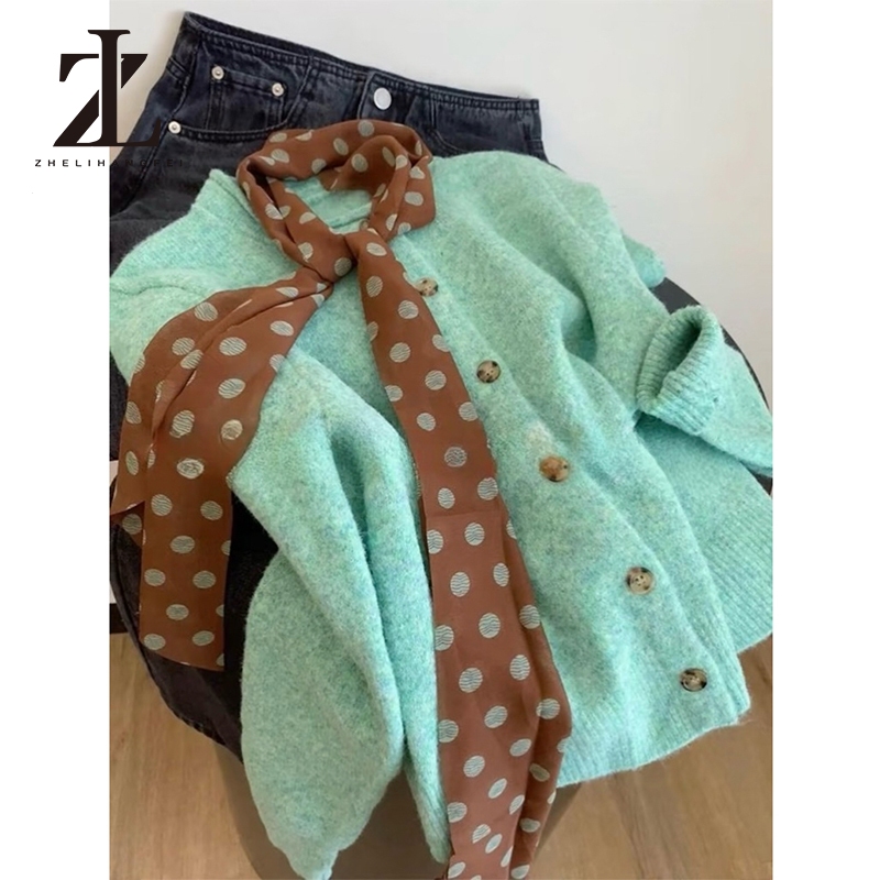 ZHELIHANGFEI Áo cardigan len nữ màu xanh mint phong cách Hàn, thiết kế siêu xinh hot trend
