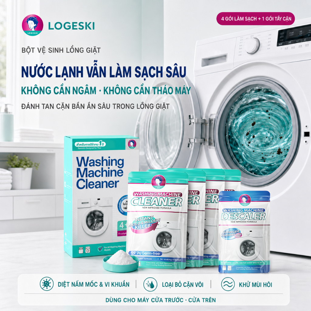Bột Tẩy Lồng Máy Giặt LOGESKI Không Cần Ngâm Sạch Cặn Bẩn Nấm Mốc Khử Mùi Diệt 99.9% Vi Khuẩn