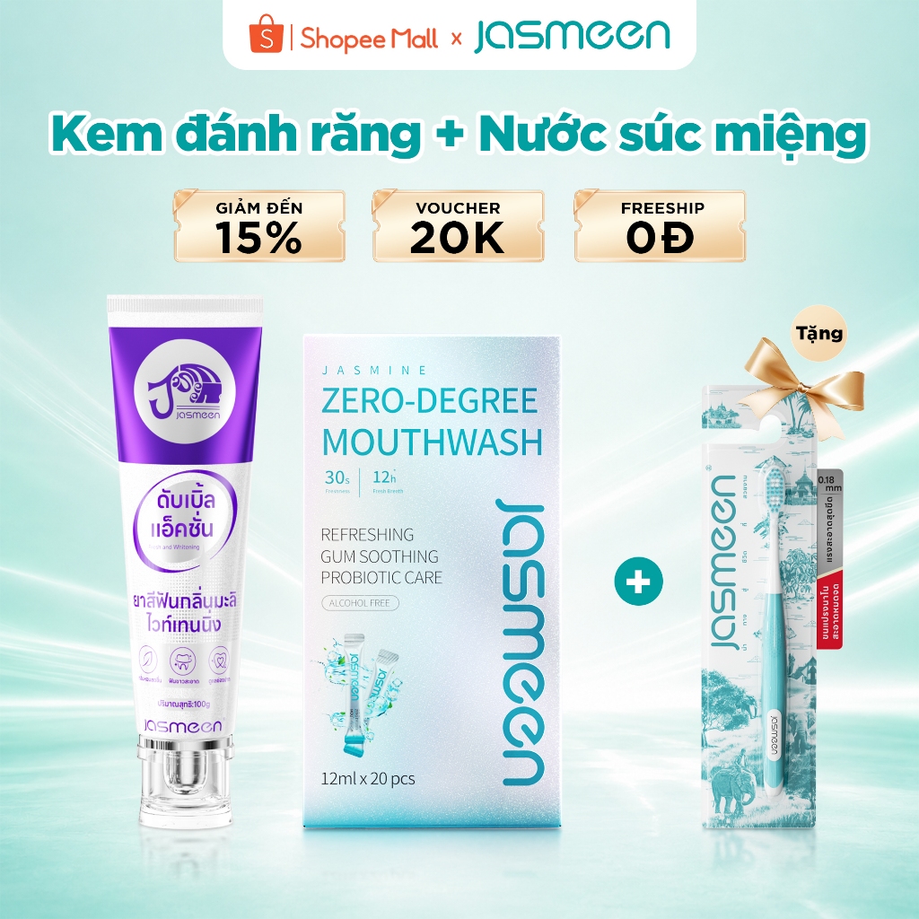 Combo Chăm Sóc Răng JASMEEN - Kem Đánh Răng 100g & Nước Súc Miệng 1 Hộp 20 Gói – Bảo Vệ Men Răng ,Ngừa Hôi Miệng