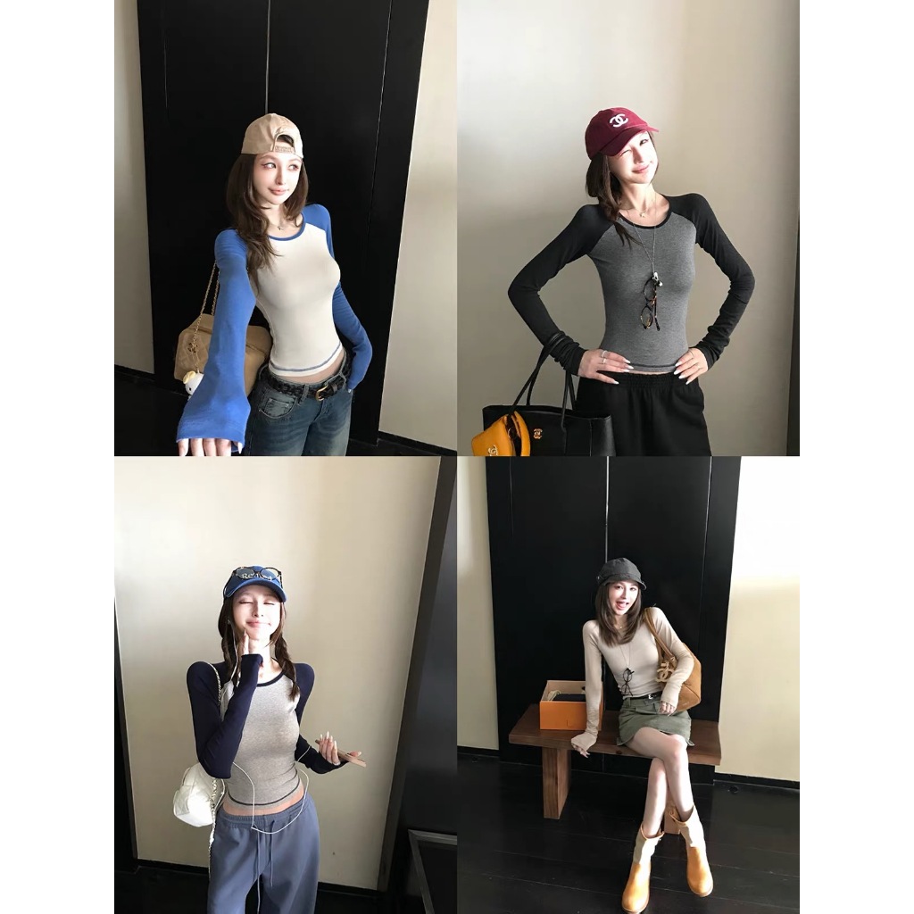 [Seeyou studio] Áo thun tay Raglan khối màu cổ điển, Áo đa năng thông thường tối giản cho mùa hè6612