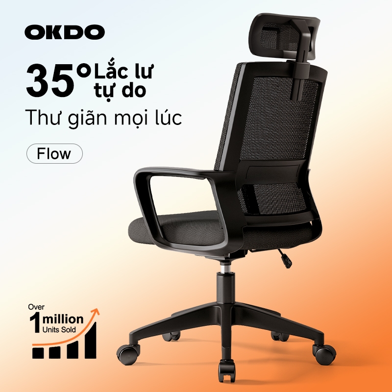 OKDO FLOW Ghế công thái học, ghế văn phòng với chế độ lắc lư 35°, lưới thoáng khí, ghế máy tính
