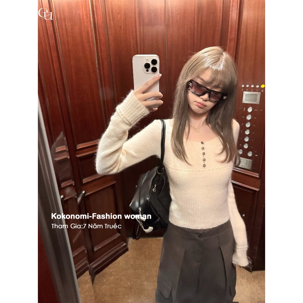 KOKONOMI Pit Strip Đáy Áo Len Mùa Đông Bên Trong Top Slim fit Áo Len Đan Trắng