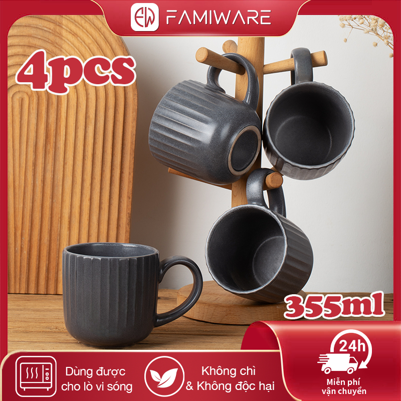 Famiware Bộ cốc cà phê Bộ cốc ăn uống có tay cầm phong cách vintage cho cà phê trà ca cao sữa Bộ đồ uống bằng đá gốm Cappuccino Phù Hợp Làm Quà 355ml