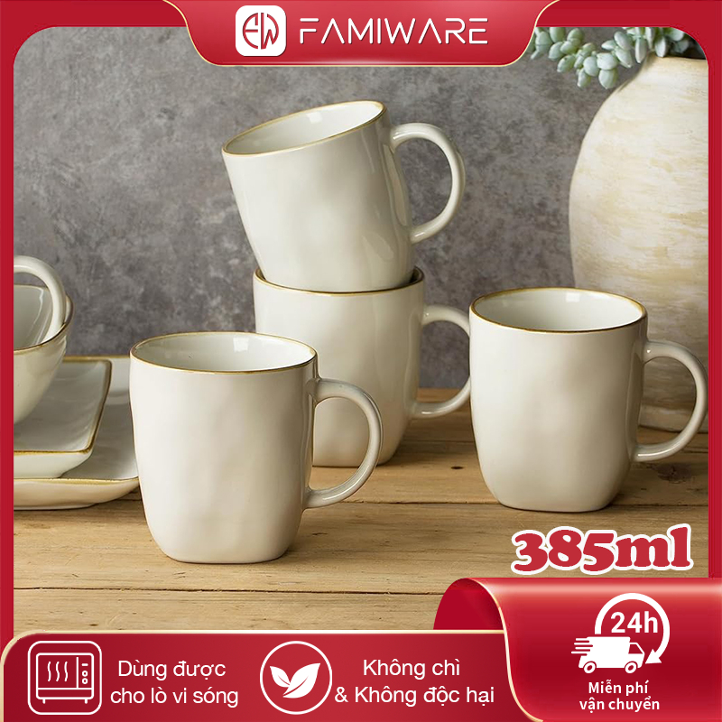 Famiware 4 Bộ Tách gốm Bộ Đồ Đá Cốc Cà Phê Có Tay Cầm Cho Sữa Cacao Nóng Trà Sô Cô La Nước Lò Vi Sóng Máy Rửa Bát An Toàn Cho Nhà Bếp 380ml