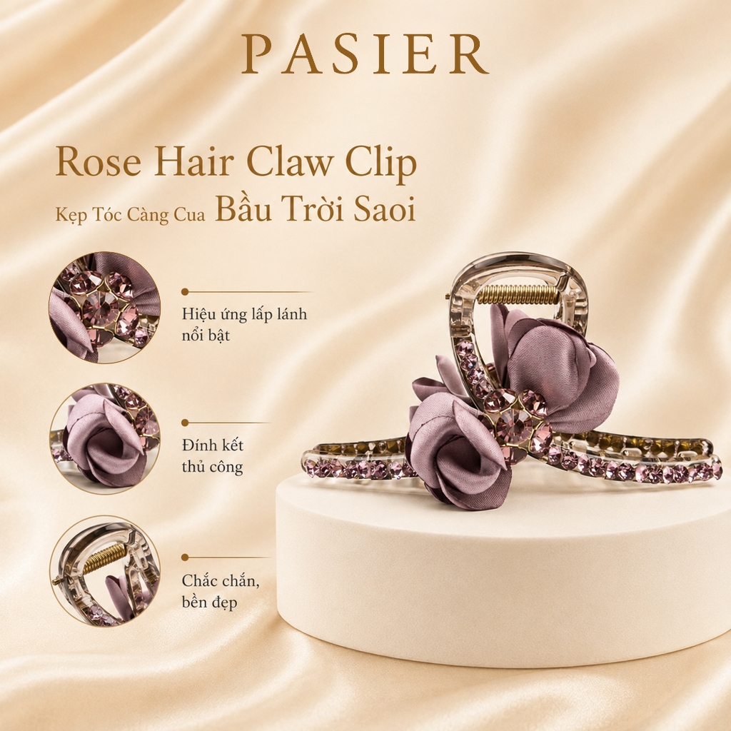 PASIER Kẹp tóc càng cua nữ cao cấp hoa hồng đính đá, phụ kiện tóc sang trọng làm quà tặng FS9942