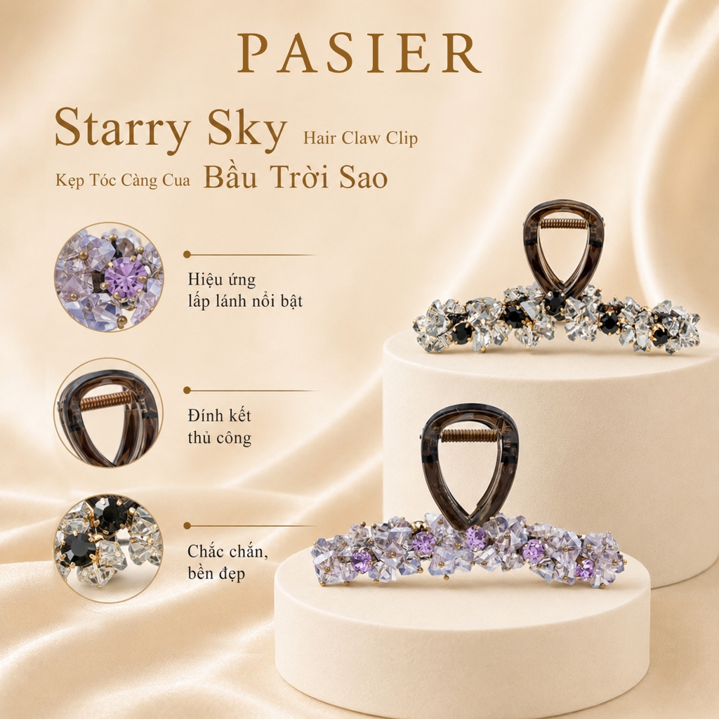 PASIER Kẹp tóc càng cua nữ đính đá toàn bộ lấp lánh, phong cách sang trọng Hàn Quốc, phụ kiện tóc cao cấp NN088