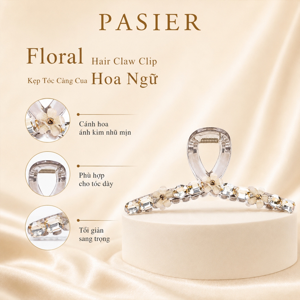 PASIER Kẹp tóc càng cua nữ phong cách tiểu thư, đính đá hoa tinh tế sang trọng kèm hộp quà FS9919