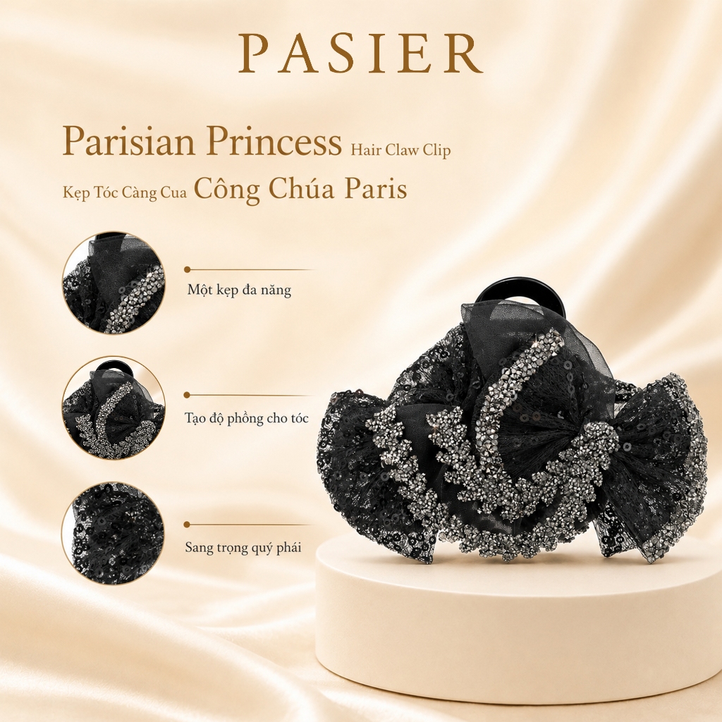 PASIER Kẹp tóc càng cua nữ cao cấp, cài tóc organza phong cách tiểu thư thanh lịch đính đá FB2075