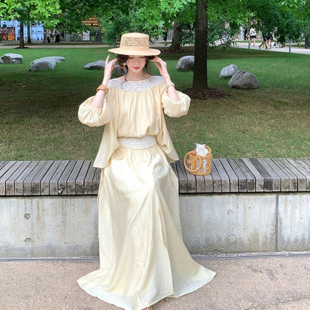 Phiên Bản Hàn Quốc Đường Phố Hợp Thời Trang Voan Màu Nguyên Chất Phù Hợp Với Nữ Cổ Tròn Rời Ren Khâu Áo Dài Tay + Váy Chữ A Giữa Chiều Dài Eo Cao Bộ Đồ Hai Mảnh