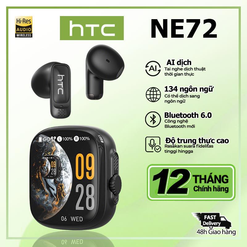 HTC NE72 Tai nghe Bluetooth TWS 6.0 — Điều khiển cảm ứng, Tuổi thọ pin 40 giờ, Chế độ chơi game, Hỗ trợ TikTok — Chống nước IPX5 — Nhẹ (3.6g) — Sạc nhanh