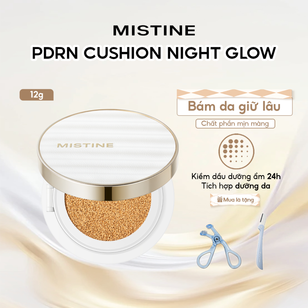 Cushion MISTINE Glow 12g – Che Phủ Khuyết Điểm Mỏng Nhẹ, Finish Căng Bóng Tự Nhiên, Giữ Nền Lâu Trôi, Không Mốc Không Nứt Nẻ, Chống Nước Kiềm Dầu, Cho Làn Da Mịn Màng Rạng Rỡ