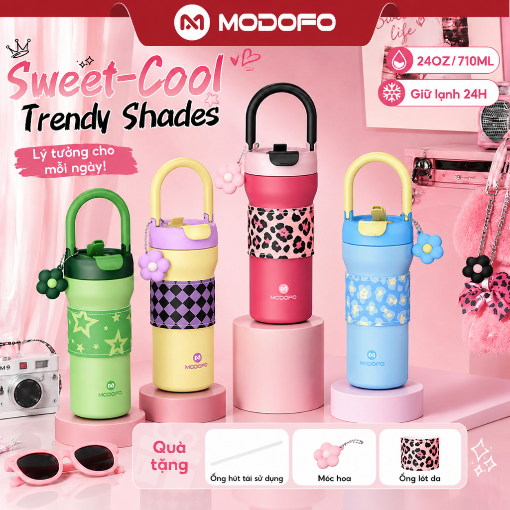 MODOFO Ly Giữ Nhiệt Y2K 710ml Inox 316 Bình Nước Có Ống Hút Quai Xách Charm Hoa Túi Bọc