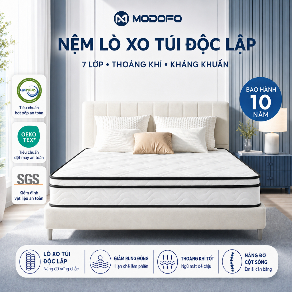 MODOFO Nệm Hybrid Foam Lò Xo Túi Độc Lập 25cm 1m6x2m 1m8x2m 7 Lớp, Kháng Khuẩn, Thoáng Khí cuộn nén chân không