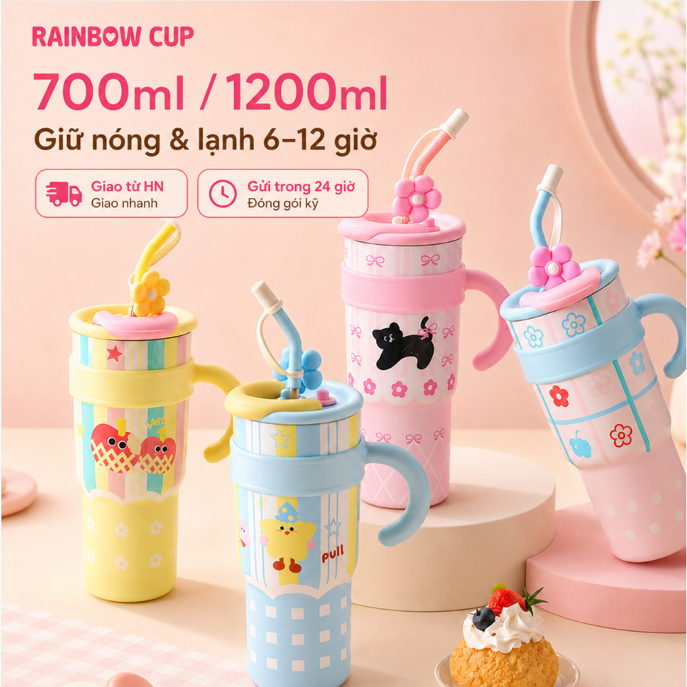 Ly giữ nhiệt kiểu dáng mới cốc giữ nhiệt 700ml/1200ml dung tích lớn kèm ống hút nắp bụi, quà tặng nữ