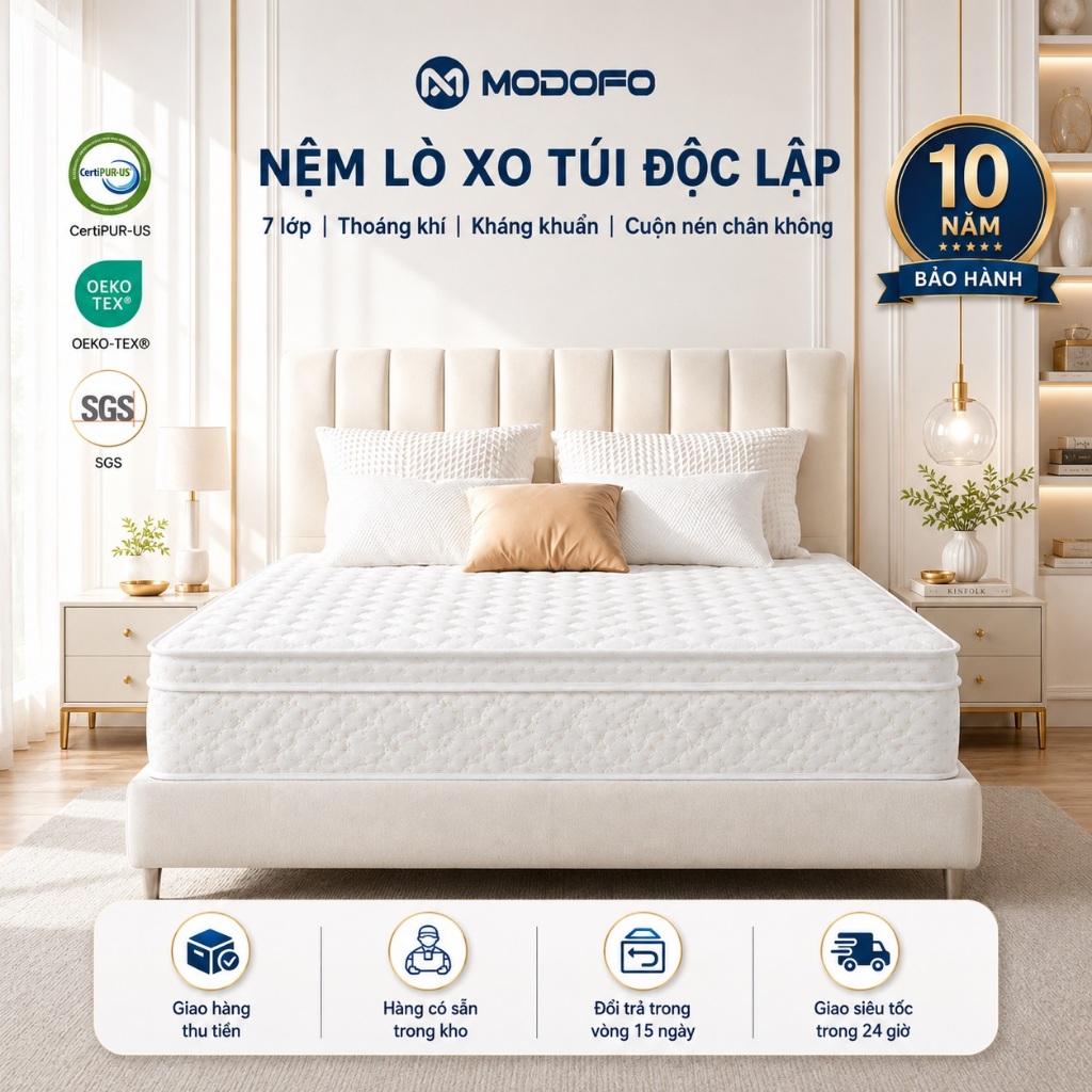 Nệm Hybrid Foam Lò Xo Túi Độc Lập MODOFO Cuộn Hộp, 7 Vùng Nâng Đỡ, Vải Dệt Kim Thoáng Khí