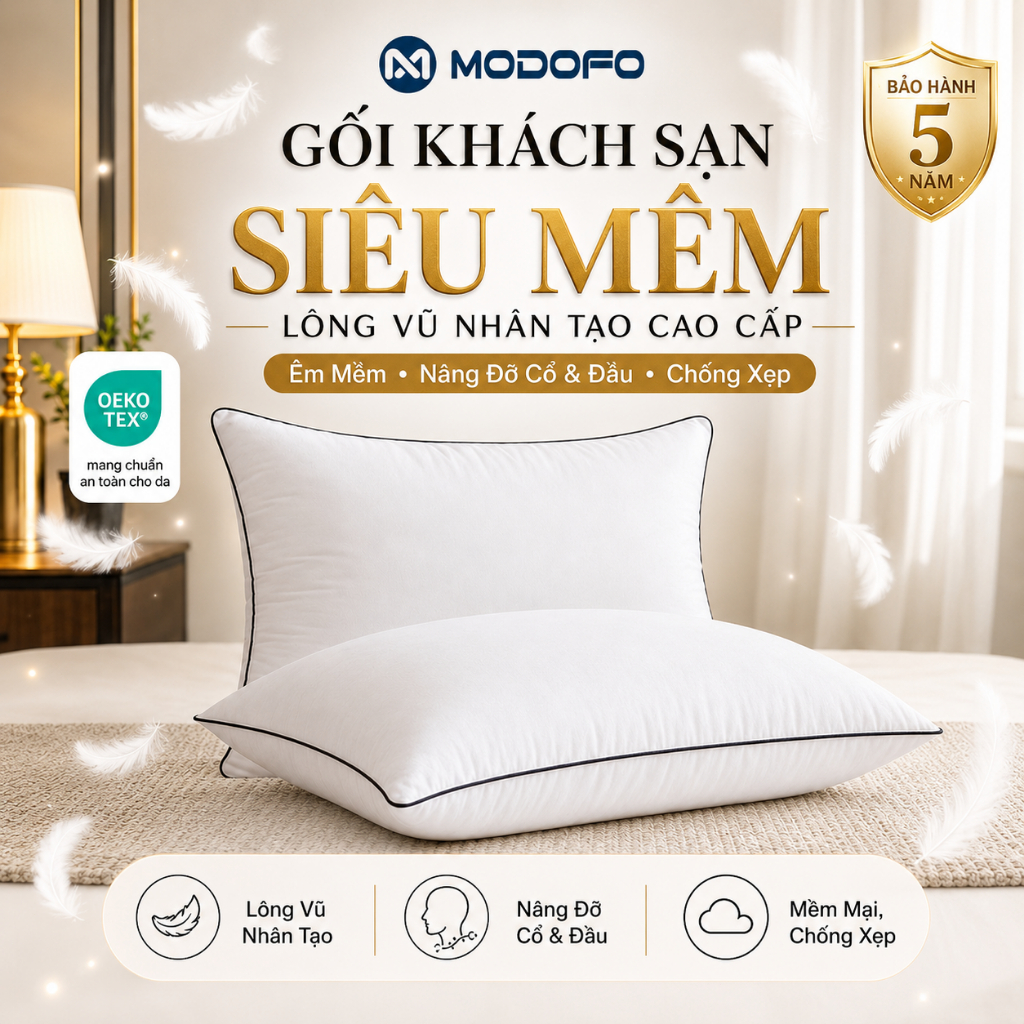 Ruột Gối Ngủ MODOFO Lông Vũ Nhân Tạo 45x65cm 650g Bông Microfiber Chống Xẹp Lún