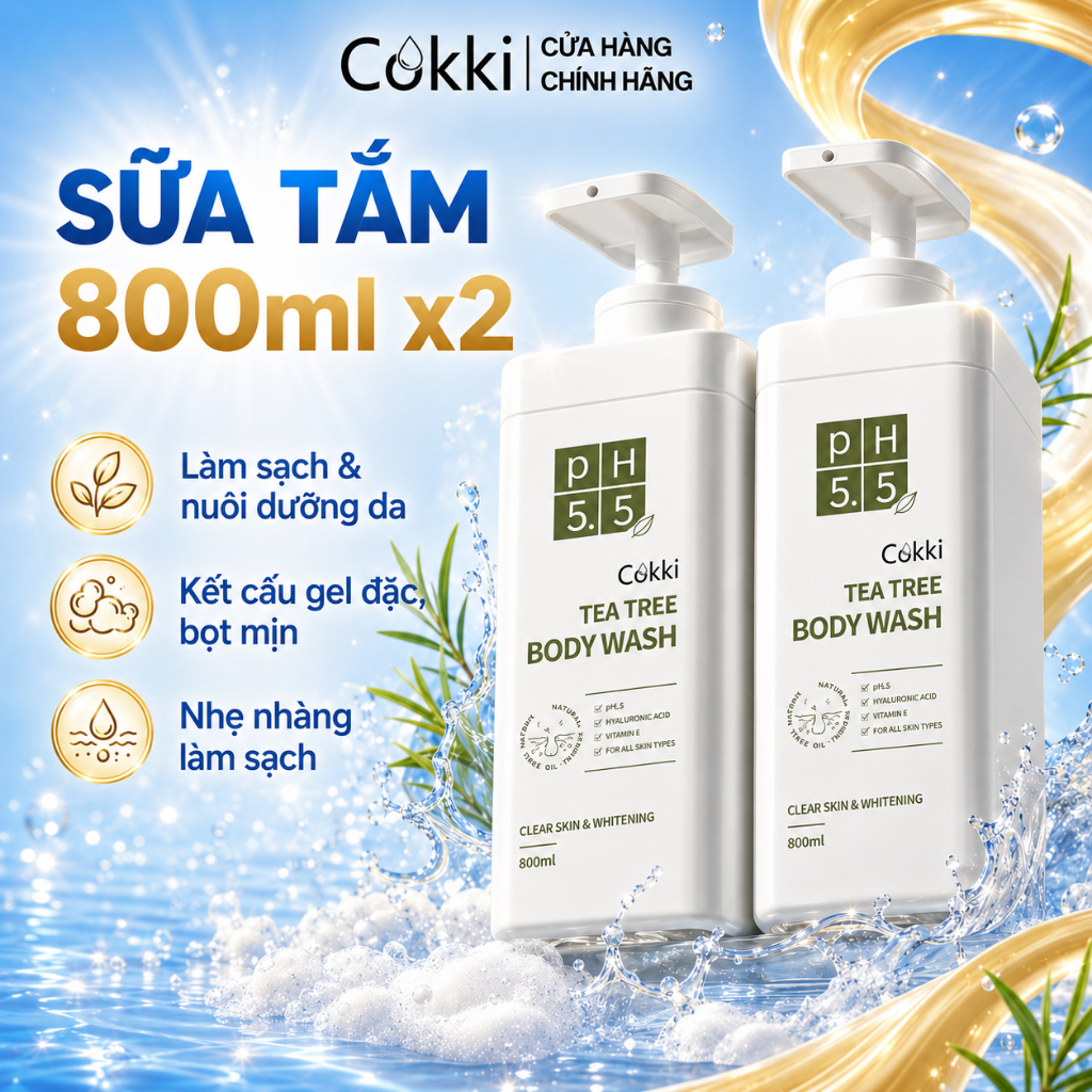 Sữa Tắm Tràm Trà Cokki BIG SIZE 800ml - Công Thức pH 5.5 Dịu Nhẹ Cho Da Nhạy Cảm - BHA & Vitamin E Loại Bỏ Dầu Thừa & Sạch Sâu Lỗ Chân Lông - Phù Hợp Cho Cả Nam & Nữ