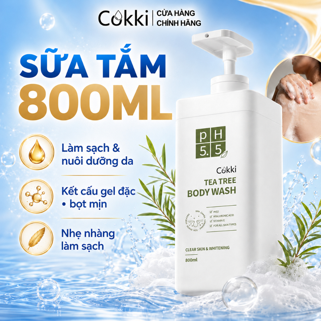 Cokki Sữa Tắm Tràm Trà Dưỡng Ẩm 800ml - Cho Da Nhạy Cảm, Cân Bằng Độ Ẩm & Làm Sạch Sâu Dịu Nhẹ