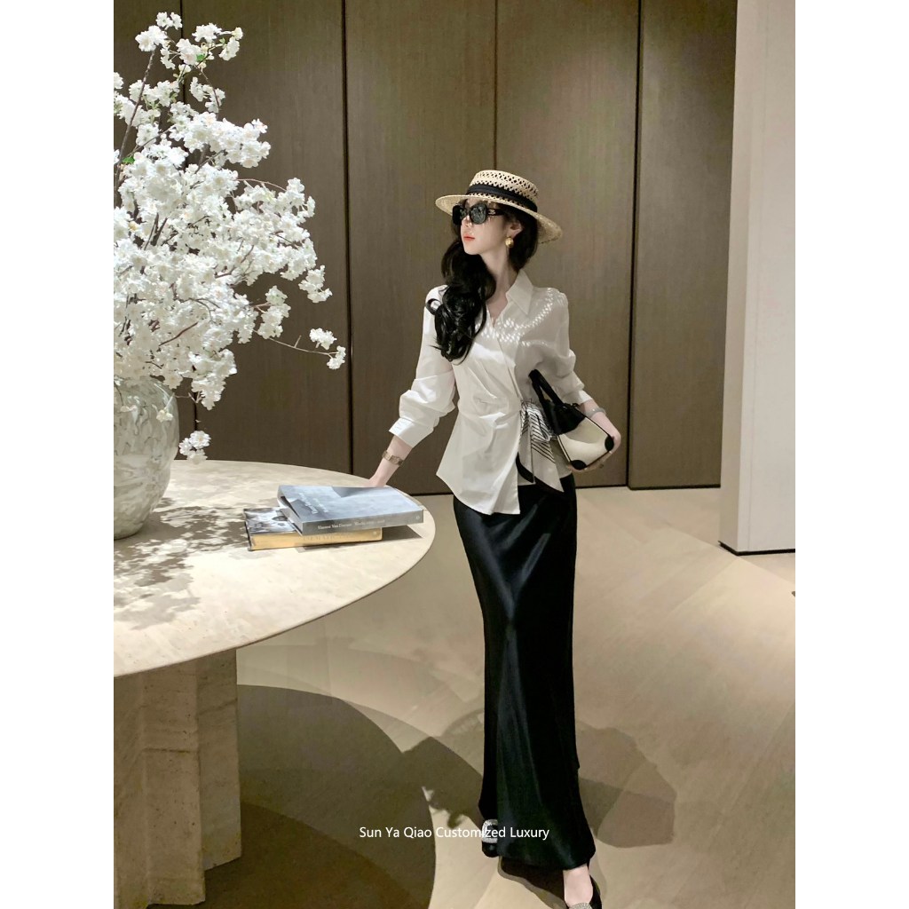 Phiên bản Hàn Quốc Bộ đồ thời trang hợp thời trang đường phố Áo sơ mi dài tay có ve áo màu trắng + Váy đuôi cá dài eo cao Bộ đồ hai mảnh