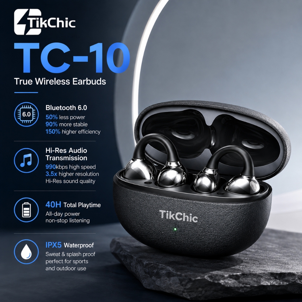 Tai nghe không dây mở TikChic TC-10, Bluetooth 6.0, Âm thanh độ phân giải cao, Thời gian chơi 40H, Chống nước IPX5, Tăng cường tần số thấp OpenBass, Tai nghe thể thao thoải mái