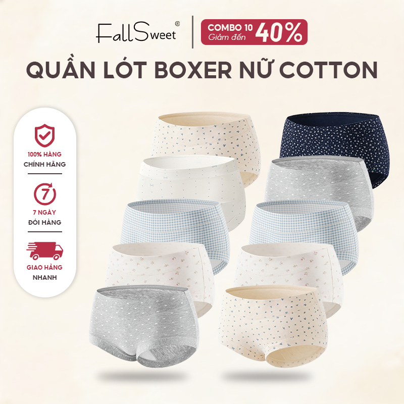 FallSweet SET 10 Plus Size Cotton Nữ Boxer Quần Lót Liền Mạch Giữa Chiều Quần Lót Mềm Thoáng Khí Quần Lót